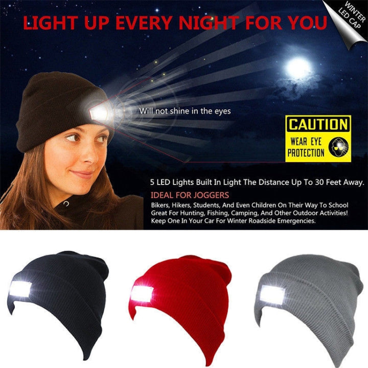 Unisex Warm Winter Polyacrylonitrile Knit Hat Adult Head Cap with 5 LED Light