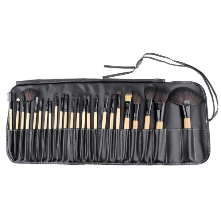 24 PCS Horse Hair Wooden Handle Cosmetic Brush Set with Black Leather Bag, 24 PCS