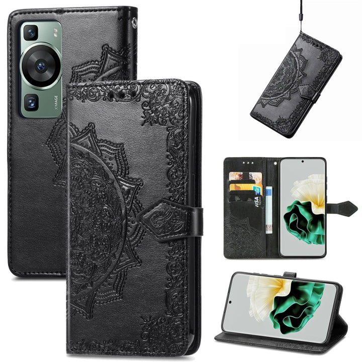 Mandala Flower Embossed Leather Phone Case, For Huawei P60, For Huawei P60 Pro