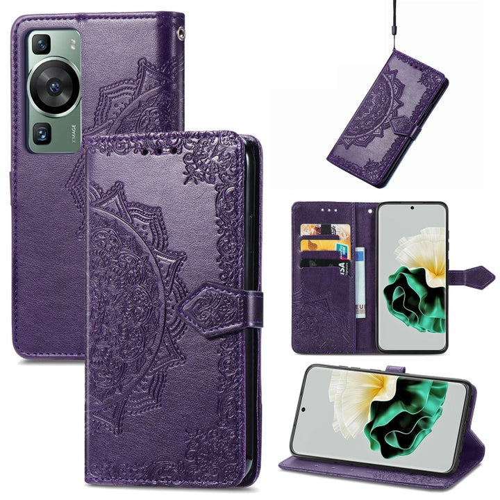 Mandala Flower Embossed Leather Phone Case, For Huawei P60, For Huawei P60 Pro