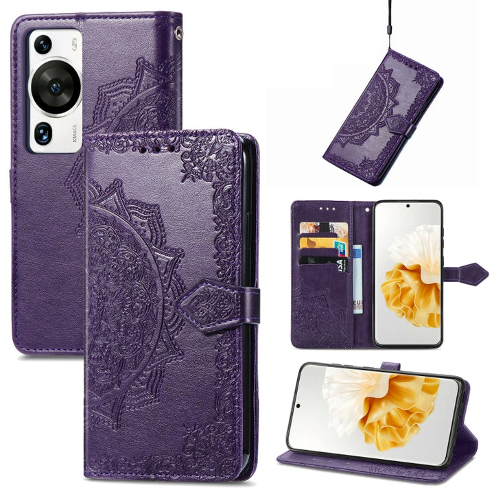 Mandala Flower Embossed Leather Phone Case, For Huawei P60, For Huawei P60 Pro