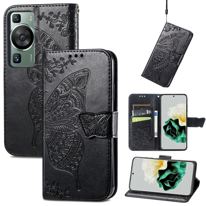 Butterfly Love Flower Embossed Leather Phone Case, For Huawei P60, For Huawei P60 Pro