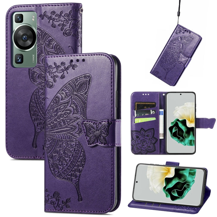 Butterfly Love Flower Embossed Leather Phone Case, For Huawei P60, For Huawei P60 Pro