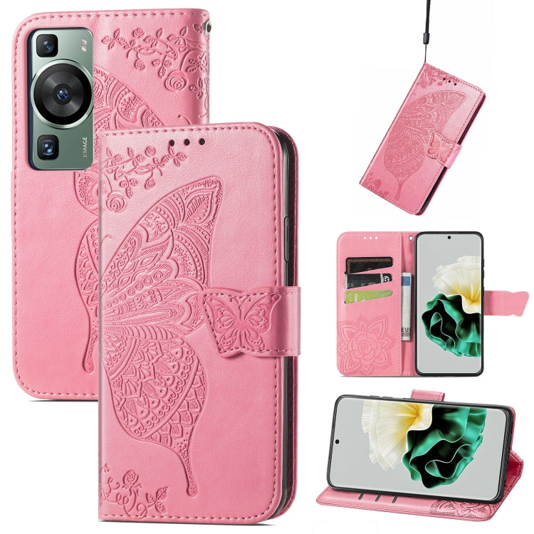 Butterfly Love Flower Embossed Leather Phone Case, For Huawei P60, For Huawei P60 Pro