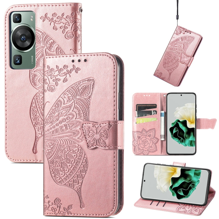 Butterfly Love Flower Embossed Leather Phone Case, For Huawei P60, For Huawei P60 Pro