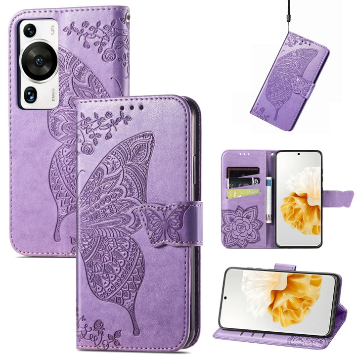 Butterfly Love Flower Embossed Leather Phone Case, For Huawei P60, For Huawei P60 Pro