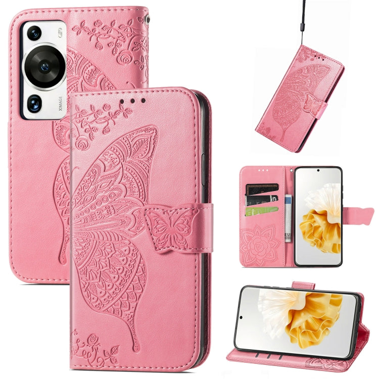 Butterfly Love Flower Embossed Leather Phone Case, For Huawei P60, For Huawei P60 Pro