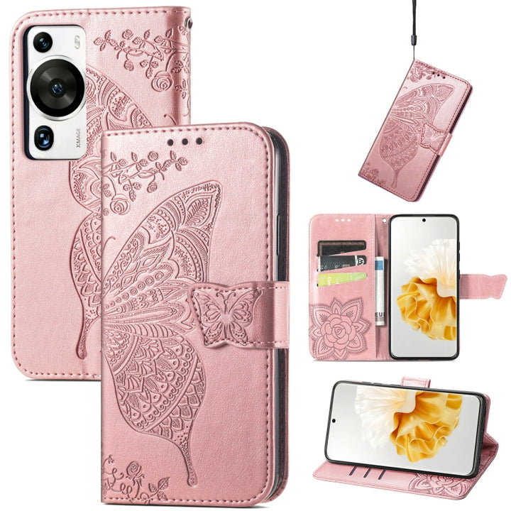 Butterfly Love Flower Embossed Leather Phone Case, For Huawei P60, For Huawei P60 Pro