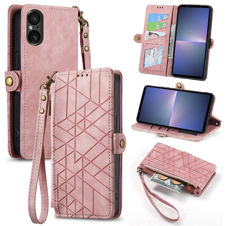 Geometric Zipper Wallet Side Buckle Leather Phone Case, For Sony Xperia 10 VI, For Sony Xperia 1 VI, For Sony Xperia 5 VI, For Sony Xperia 5 V, For Sony Xperia 1 V