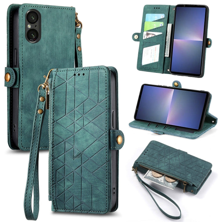 Geometric Zipper Wallet Side Buckle Leather Phone Case, For Sony Xperia 10 VI, For Sony Xperia 1 VI, For Sony Xperia 5 VI, For Sony Xperia 5 V, For Sony Xperia 1 V