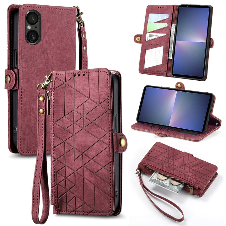 Geometric Zipper Wallet Side Buckle Leather Phone Case, For Sony Xperia 10 VI, For Sony Xperia 1 VI, For Sony Xperia 5 VI, For Sony Xperia 5 V, For Sony Xperia 1 V