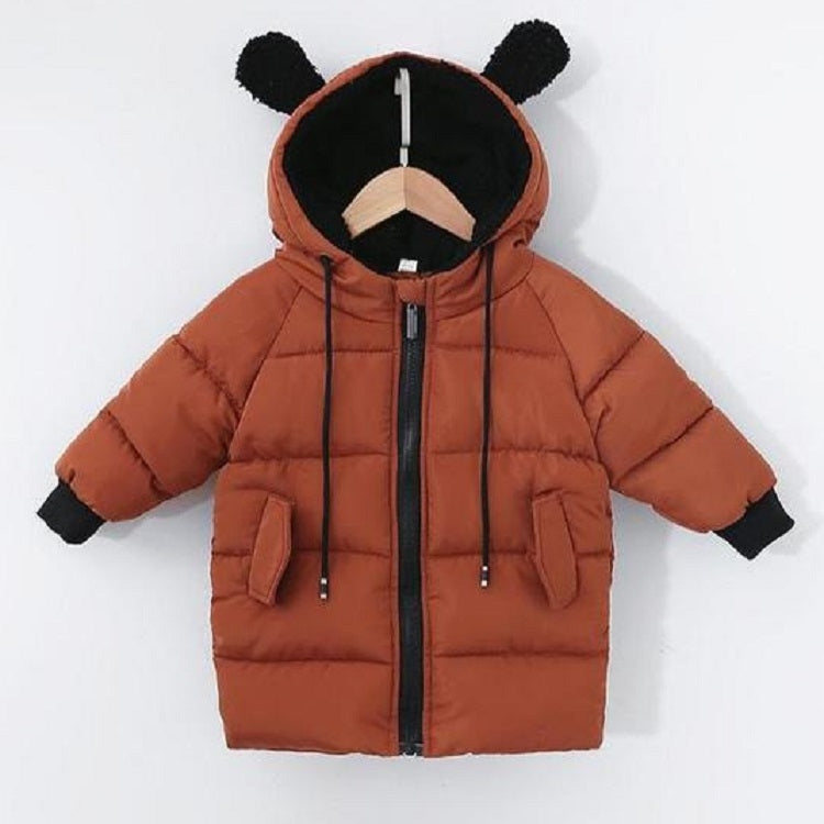 Winter Children Mid-length Thick Warm Down Jacket Cartoon Animal Ear Shape Hooded Cotton Jacket, 80cm, 90cm, 100cm, 110cm, 120cm, 130cm