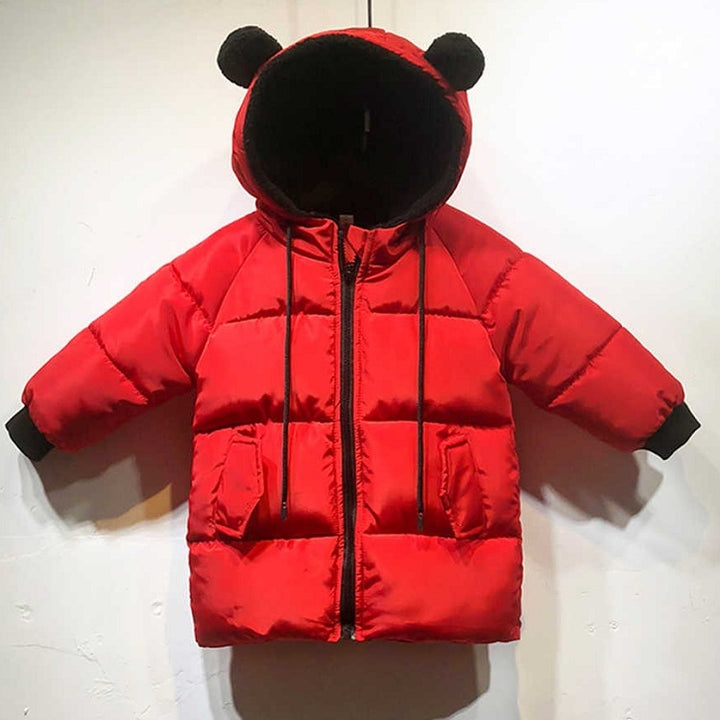 Winter Children Mid-length Thick Warm Down Jacket Cartoon Animal Ear Shape Hooded Cotton Jacket, 80cm, 90cm, 100cm, 110cm, 130cm, 120cm