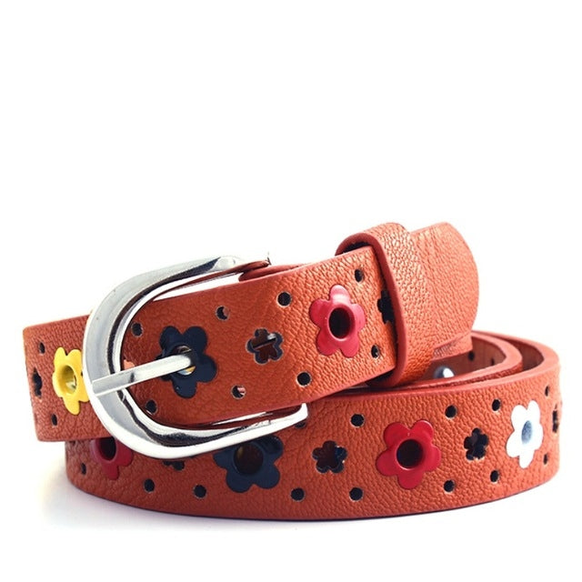 Flowers Pattern Hollow PU Leather Belt for Children