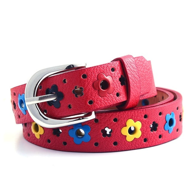 Flowers Pattern Hollow PU Leather Belt for Children