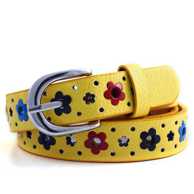 Flowers Pattern Hollow PU Leather Belt for Children