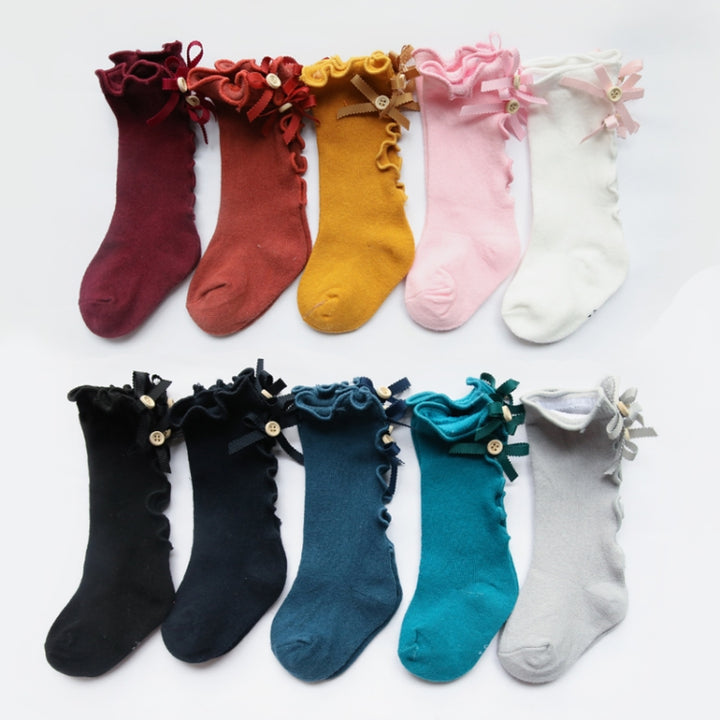 Baby Cute High Knee Fungus Lace Bow Socks, S, M, L, XL