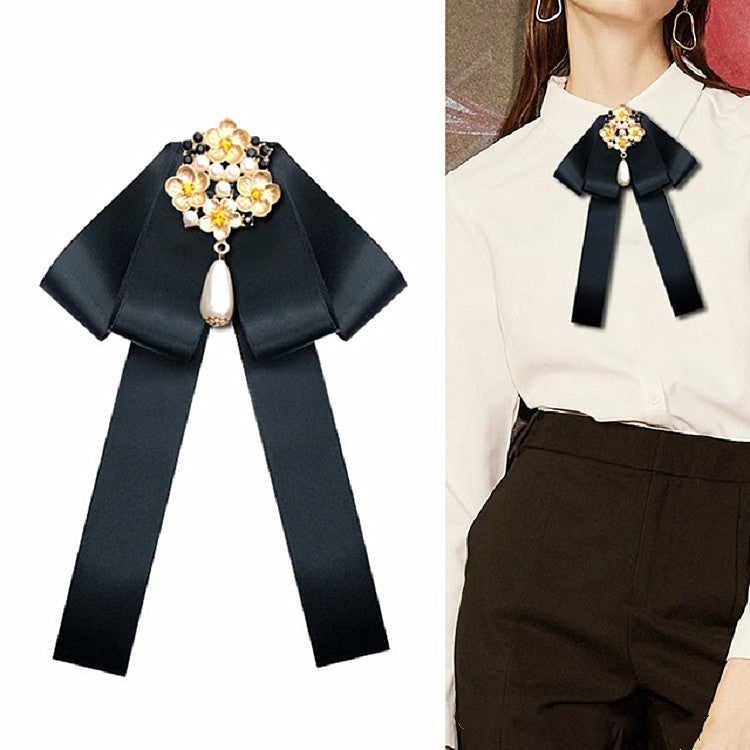 Ladies Retro Style Cloth Fabric Pearl Diamond Brooch Bow Tie Bow Clothing Accessories, Pin Buckle Version, Tie Belts Version