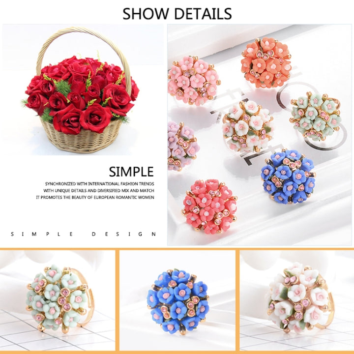 Fashion Ceramic Flower Ring for Women Adjustable Wedding Rings Jewelry, Green, Blue, White, Light Pink, Purple, Red, Orange red