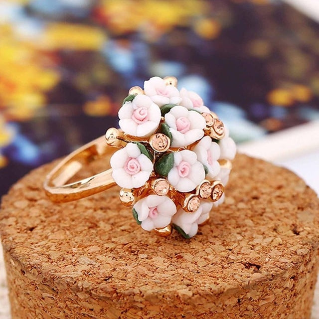 Fashion Ceramic Flower Ring for Women Adjustable Wedding Rings Jewelry, Green, Blue, White, Light Pink, Purple, Red, Orange red