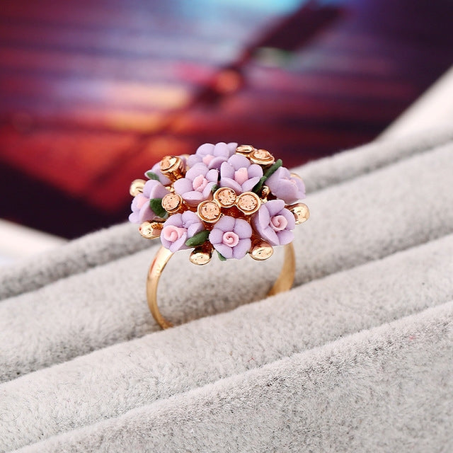 Fashion Ceramic Flower Ring for Women Adjustable Wedding Rings Jewelry, Green, Blue, White, Light Pink, Purple, Red, Orange red