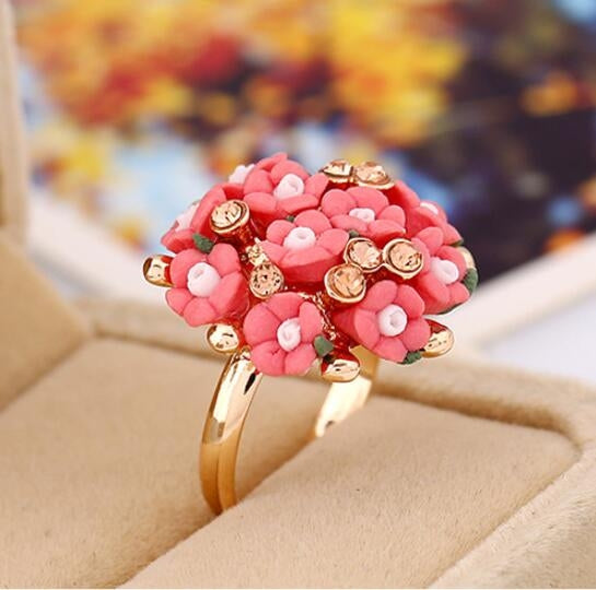 Fashion Ceramic Flower Ring for Women Adjustable Wedding Rings Jewelry, Green, Blue, White, Light Pink, Purple, Red, Orange red