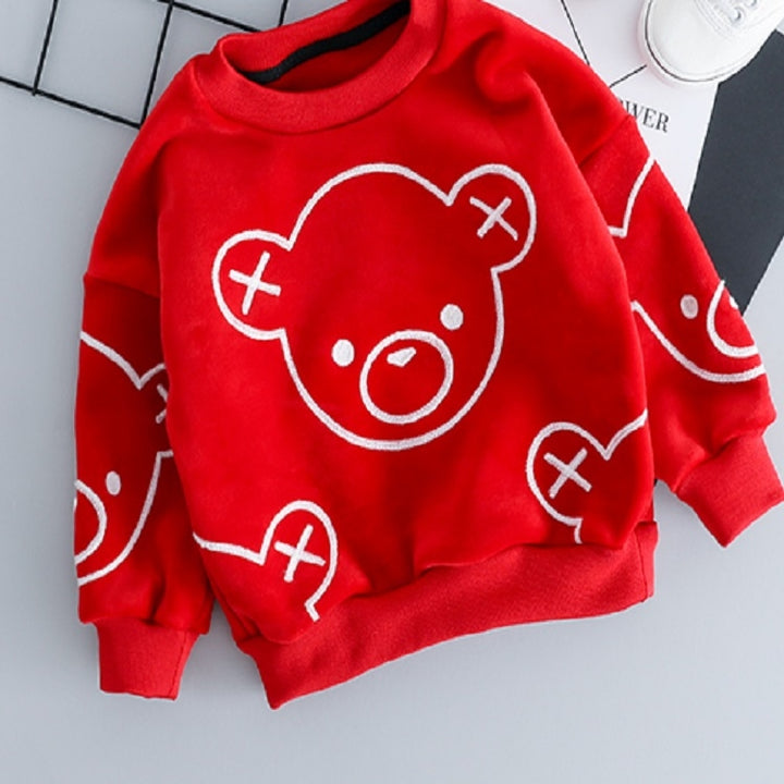 Autumn and Winter Fleece Cartoon Bear Pattern Children Long Sleeve Pullover Top + Pants Set, 70cm, 80cm, 90cm, 100cm