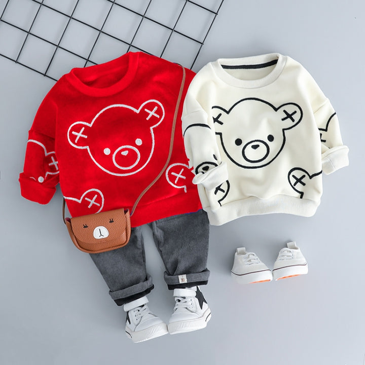 Autumn and Winter Fleece Cartoon Bear Pattern Children Long Sleeve Pullover Top + Pants Set, 70cm, 80cm, 90cm, 100cm