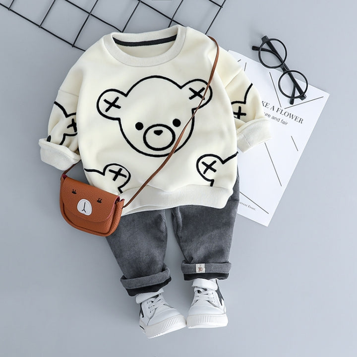 Autumn and Winter Fleece Cartoon Bear Pattern Children Long Sleeve Pullover Top + Pants Set, 70cm, 80cm, 90cm, 100cm