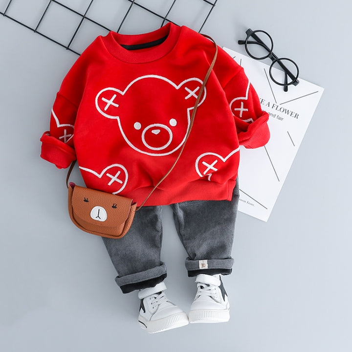 Autumn and Winter Fleece Cartoon Bear Pattern Children Long Sleeve Pullover Top + Pants Set, 70cm, 80cm, 90cm, 100cm