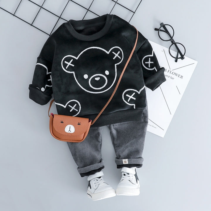 Autumn and Winter Fleece Cartoon Bear Pattern Children Long Sleeve Pullover Top + Pants Set, 70cm, 80cm, 90cm, 100cm