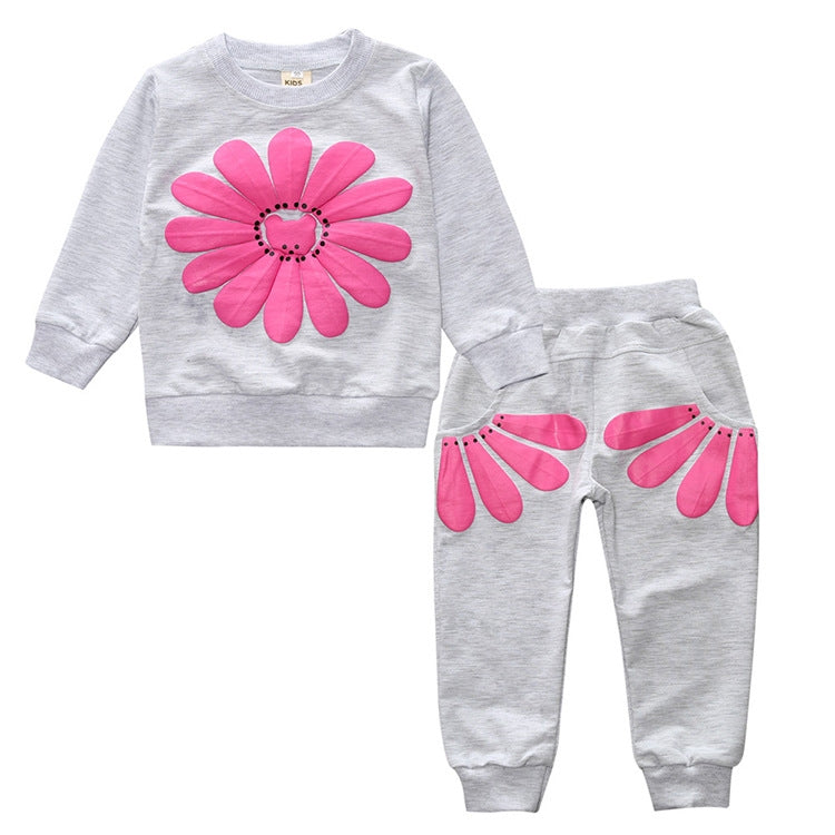 Spring and Autumn Girls Sun Flower Pattern Long Sleeve Top + Pants Set, 90cm, 100cm, 110cm, 120cm