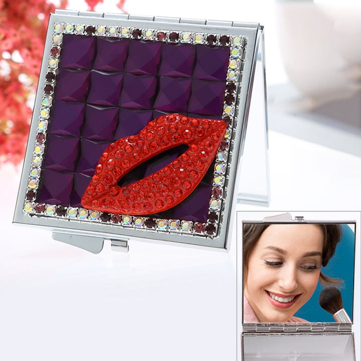 Handmade Diamond Mini Makeup Mirror Portable Double-sided Small Mirror Ruby Red Lips