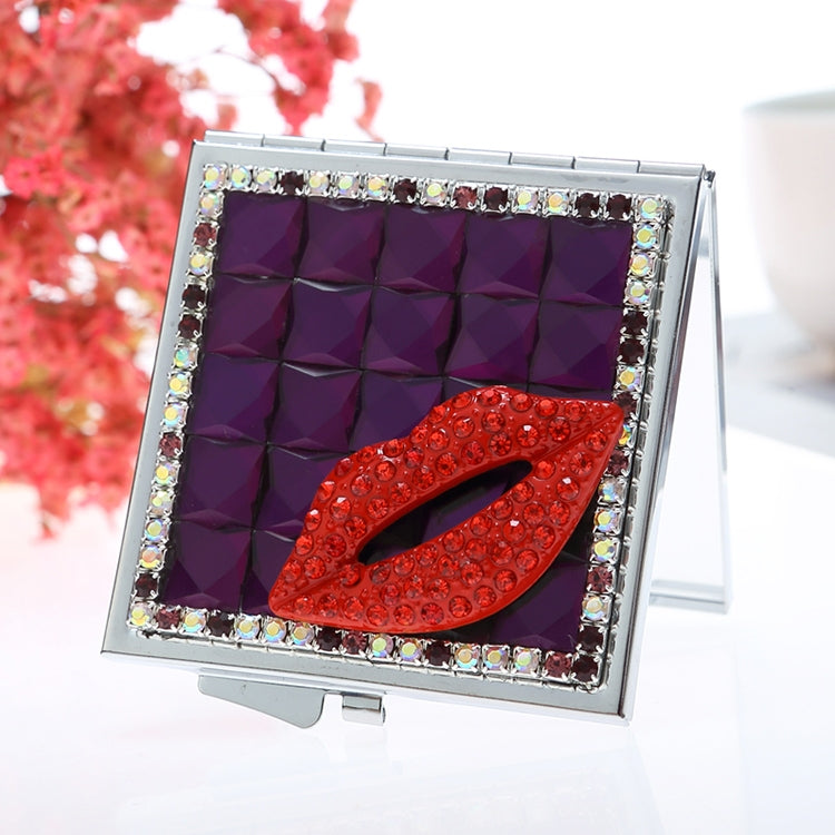 Handmade Diamond Mini Makeup Mirror Portable Double-sided Small Mirror Ruby Red Lips