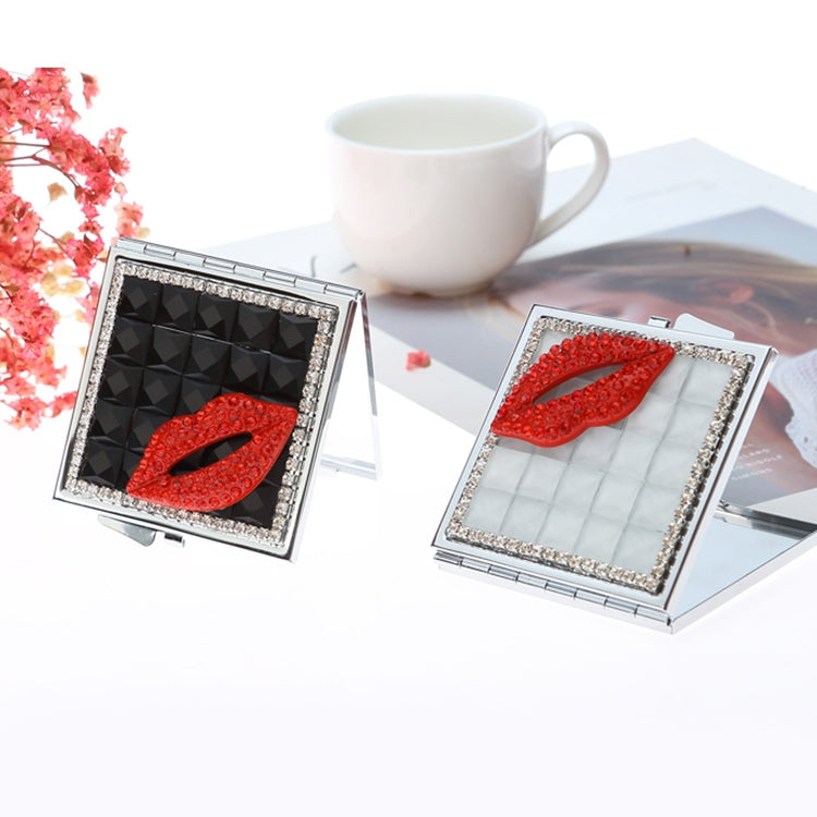 Handmade Diamond Mini Makeup Mirror Portable Double-sided Small Mirror Ruby Red Lips