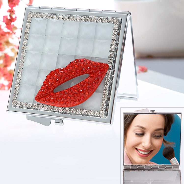 Handmade Diamond Mini Makeup Mirror Portable Double-sided Small Mirror Ruby Red Lips