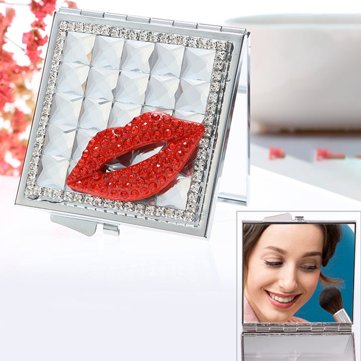 Handmade Diamond Mini Makeup Mirror Portable Double-sided Small Mirror Ruby Red Lips