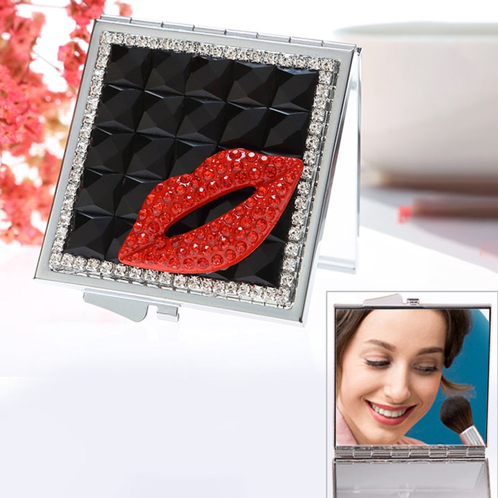 Handmade Diamond Mini Makeup Mirror Portable Double-sided Small Mirror Ruby Red Lips