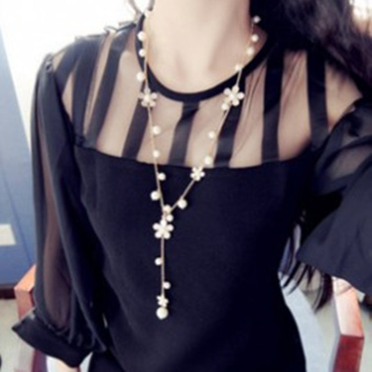 Pearl Five-petal Flower Long Necklace Female tassel Long Sweater Chain, Black, White