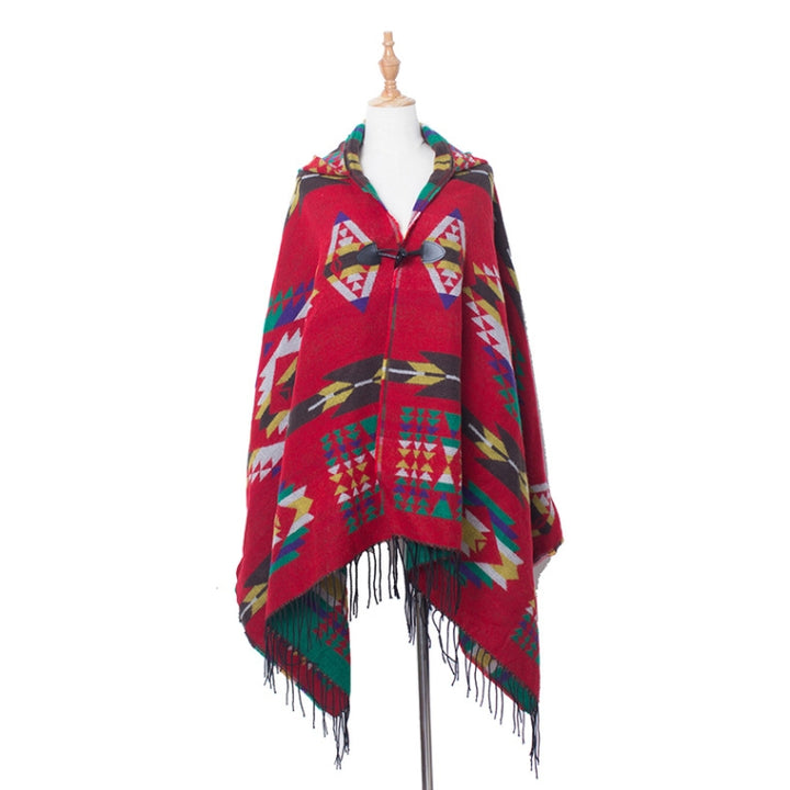 Autumn And Winter Horn Buckle Ethnic Style Hooded Cloak Shawl Bohemian Hooded Shawl, 135-175cm