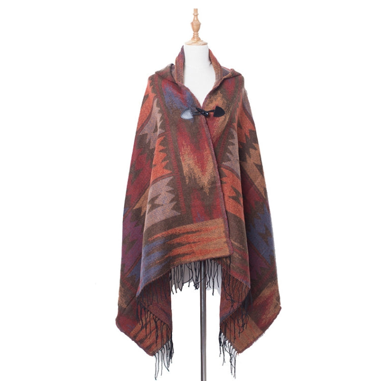 Autumn And Winter Horn Buckle Ethnic Style Hooded Cloak Shawl Bohemian Hooded Shawl, 135-175cm