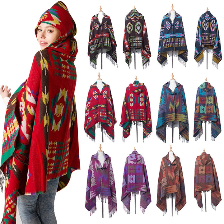 Autumn And Winter Horn Buckle Ethnic Style Hooded Cloak Shawl Bohemian Hooded Shawl, 135-175cm