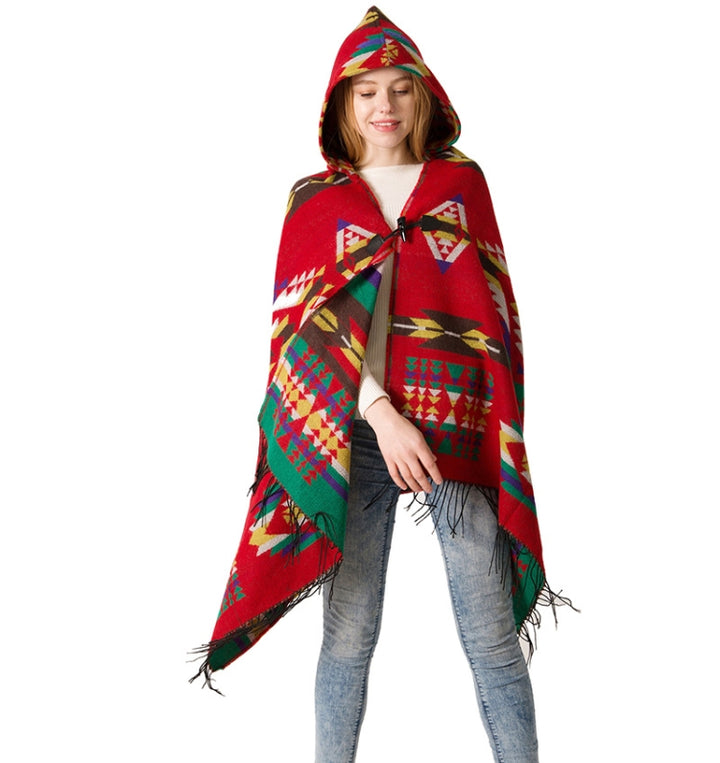 Autumn And Winter Horn Buckle Ethnic Style Hooded Cloak Shawl Bohemian Hooded Shawl, 135-175cm