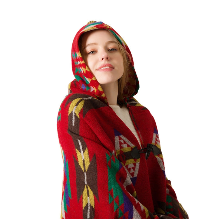 Autumn And Winter Horn Buckle Ethnic Style Hooded Cloak Shawl Bohemian Hooded Shawl, 135-175cm