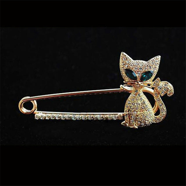 2 PCS Cute Green-Eyed Kitten With Drill Brooch, Gold, Silver