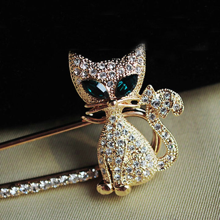 2 PCS Cute Green-Eyed Kitten With Drill Brooch, Gold, Silver