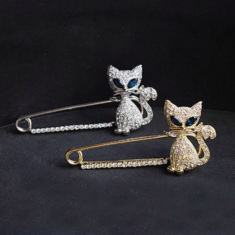 2 PCS Cute Green-Eyed Kitten With Drill Brooch, Gold, Silver