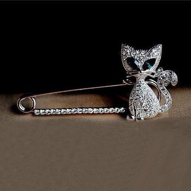 2 PCS Cute Green-Eyed Kitten With Drill Brooch, Gold, Silver