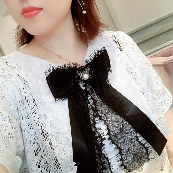 Women Lace Big Bow-knot Bow Tie Diamond Brooch Clothing Accessories