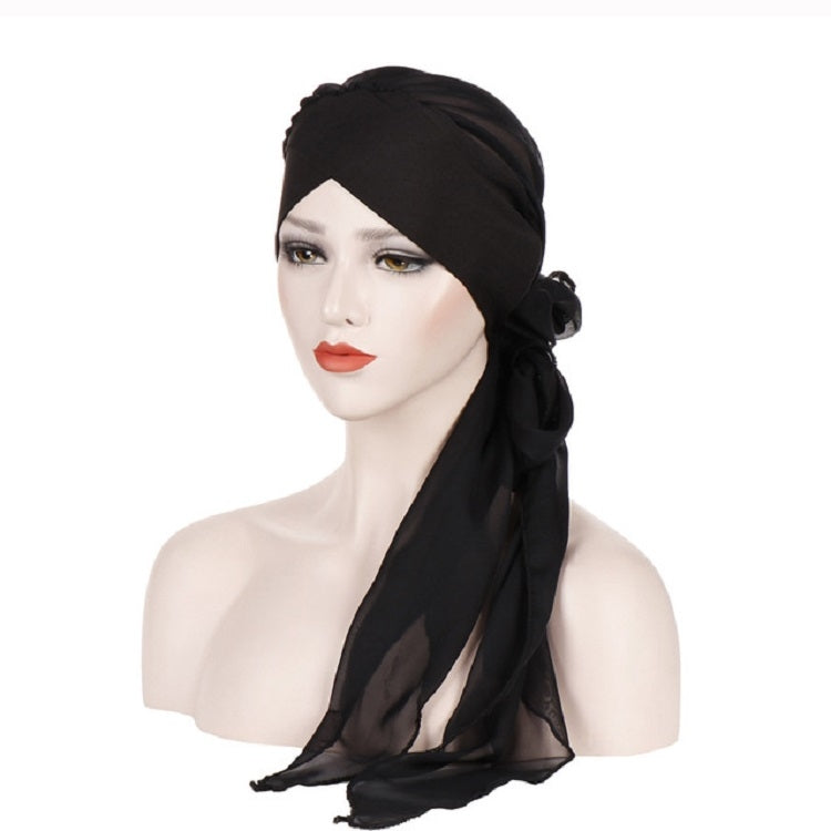 Ladies Forehead Cross Chiffon Long Tail Cap Turban Hat, One Size